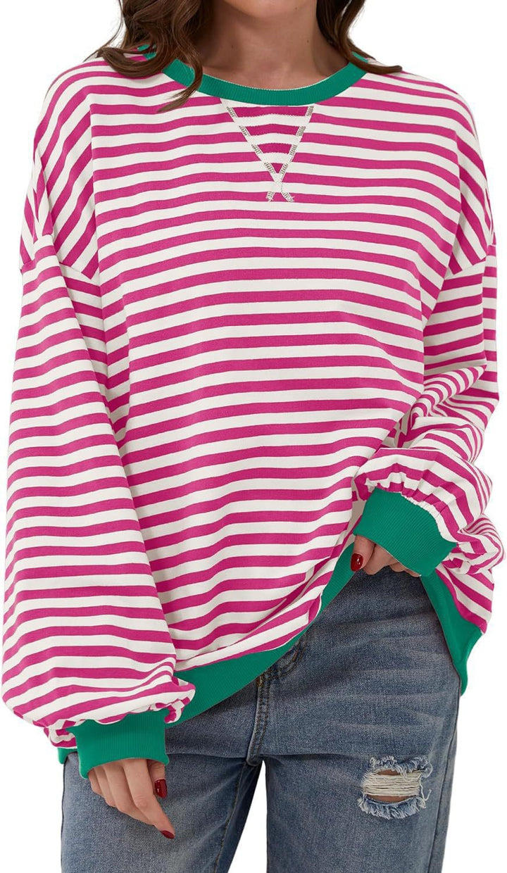 Damen Cozy Übergroßer Gestreifter Pullover Sweatshirt Drune