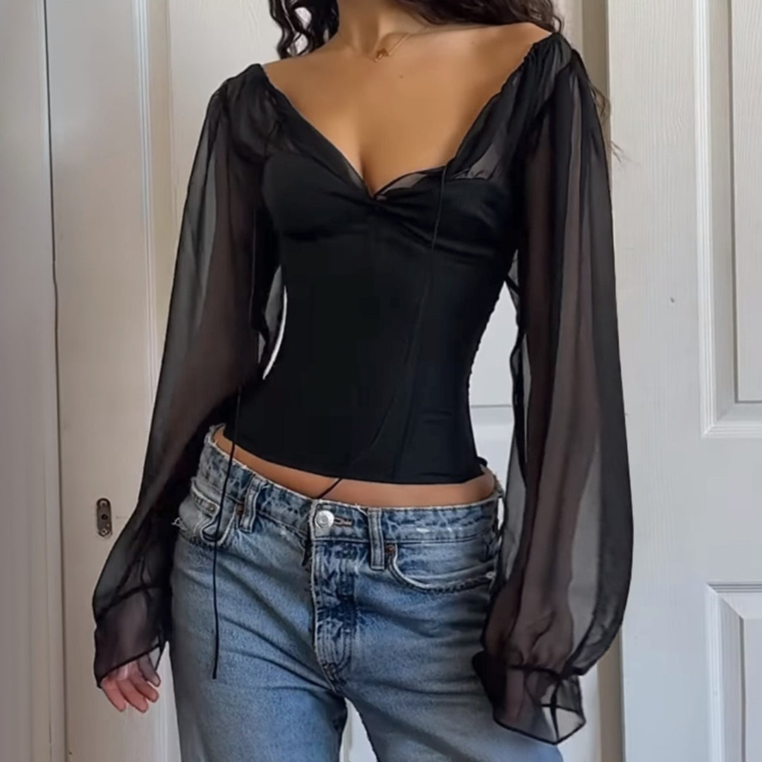Damen elegantes Oberteil mit transparenten Ärmeln und schmaler Silhouette Drune