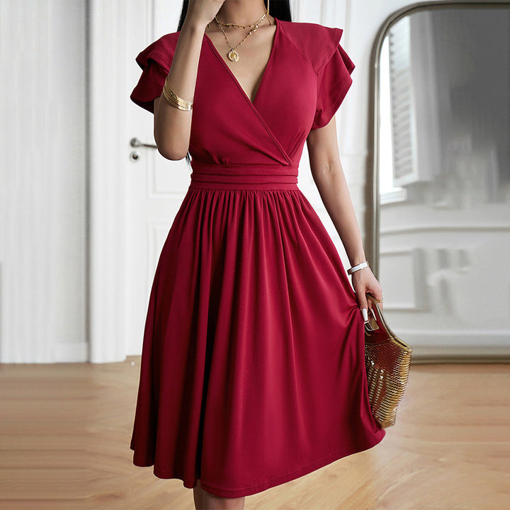 Drune | V-neck Solid Color Short Sleeve Dress for Women