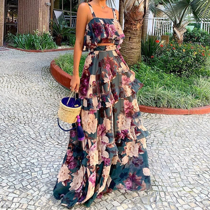 Damen Maxi-Kleid mit floralem Muster und Rüschen Drune