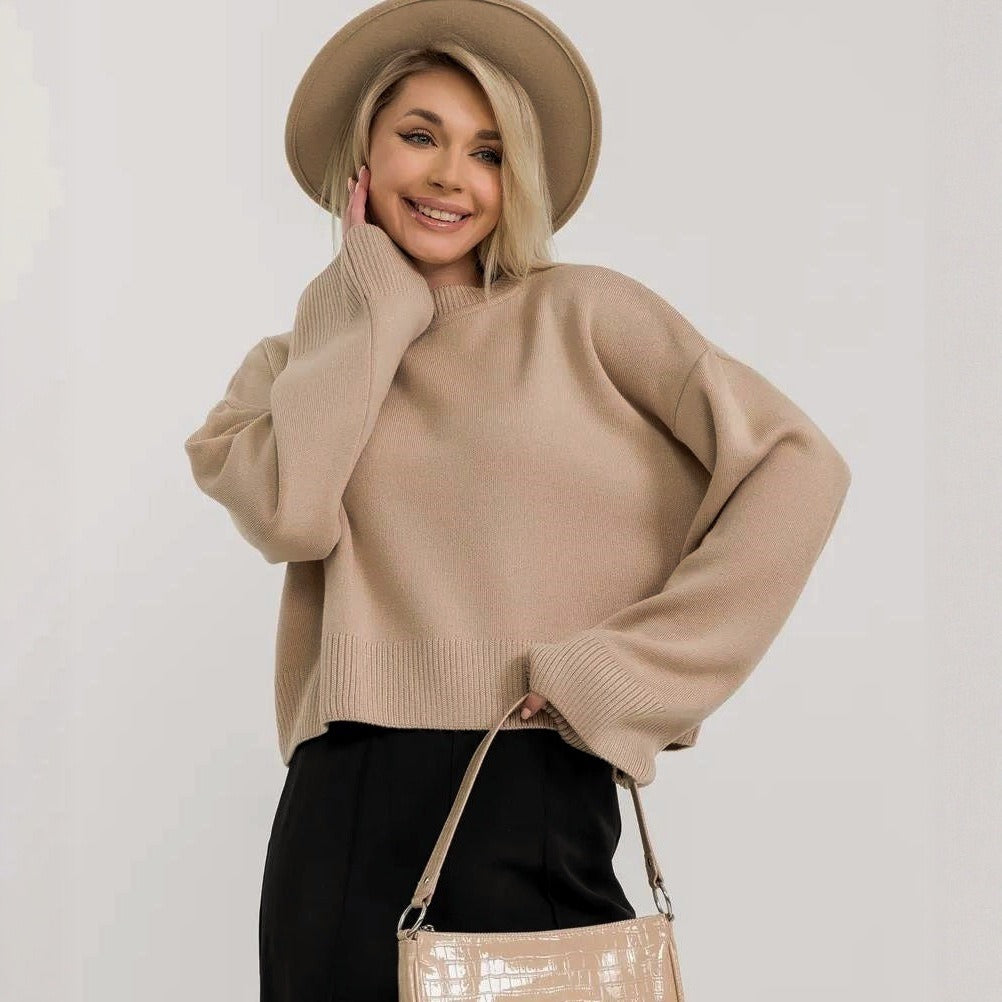 Damen cropped Strickpullover mit voluminösen Ärmeln und Rundhalsausschnitt Drune