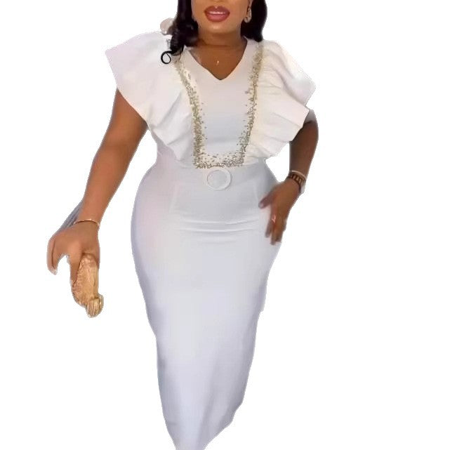 Damen Elegantes Maxikleid mit dekorativen Rüschen und schimmerndem Gürtel Drune