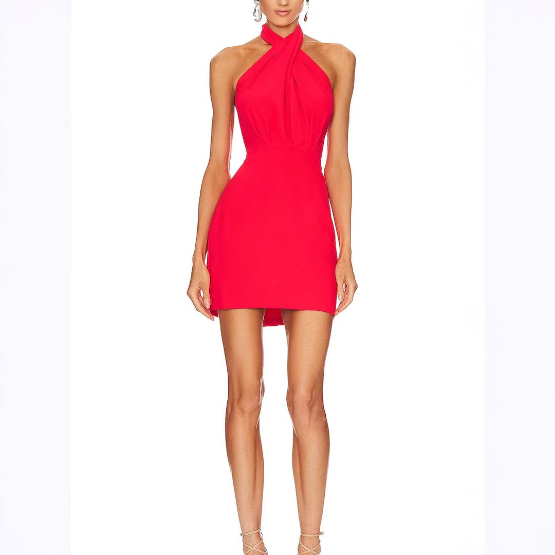 Damen elegantes Halterneck Minikleid mit figurbetontem Schnitt und raffinierter Drapierung Drune