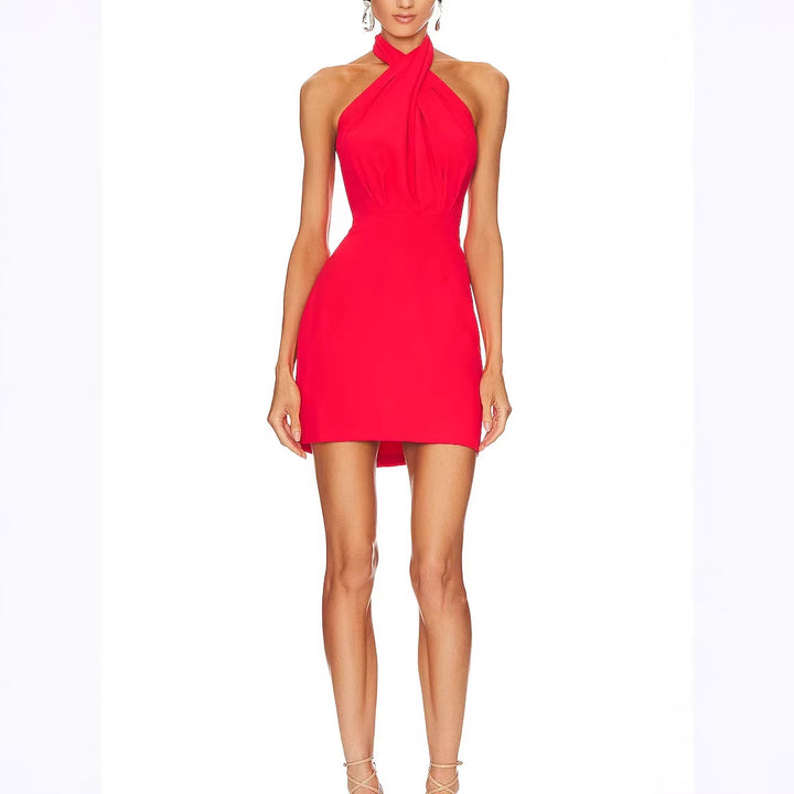 Damen elegantes Halterneck Minikleid mit figurbetontem Schnitt und raffinierter Drapierung Drune