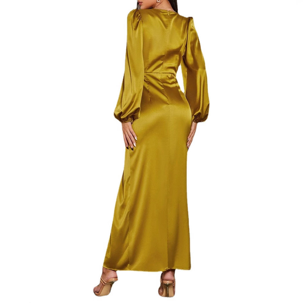 Damen Maxikleid mit tiefem V-Ausschnitt und eleganten Puffärmeln Drune