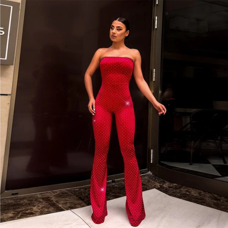 Damen schulterfreier Jumpsuit mit eleganten Pailletten und Schuhschnallen Drune