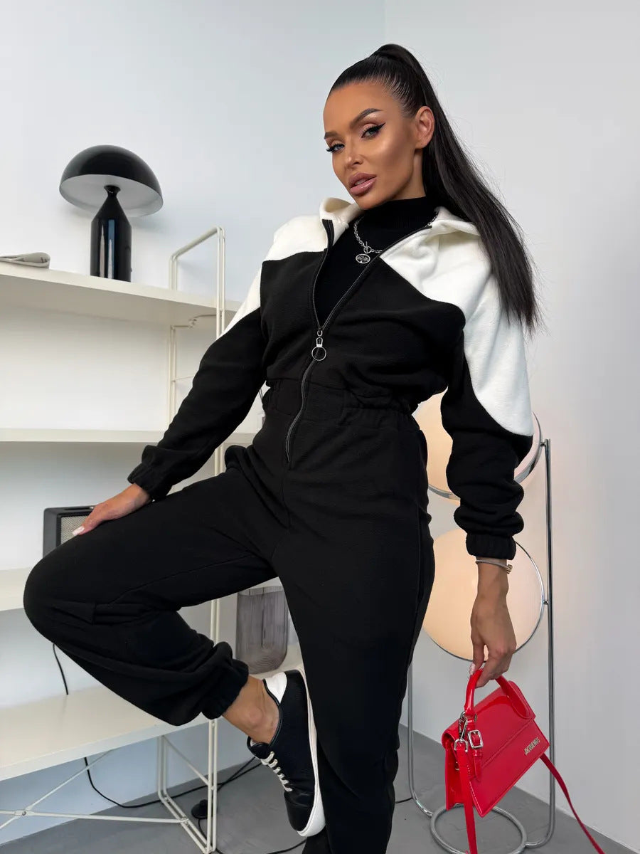 Damen lässiger Fleece-Overall mit elegantem Reißverschluss und Kapuze Drune