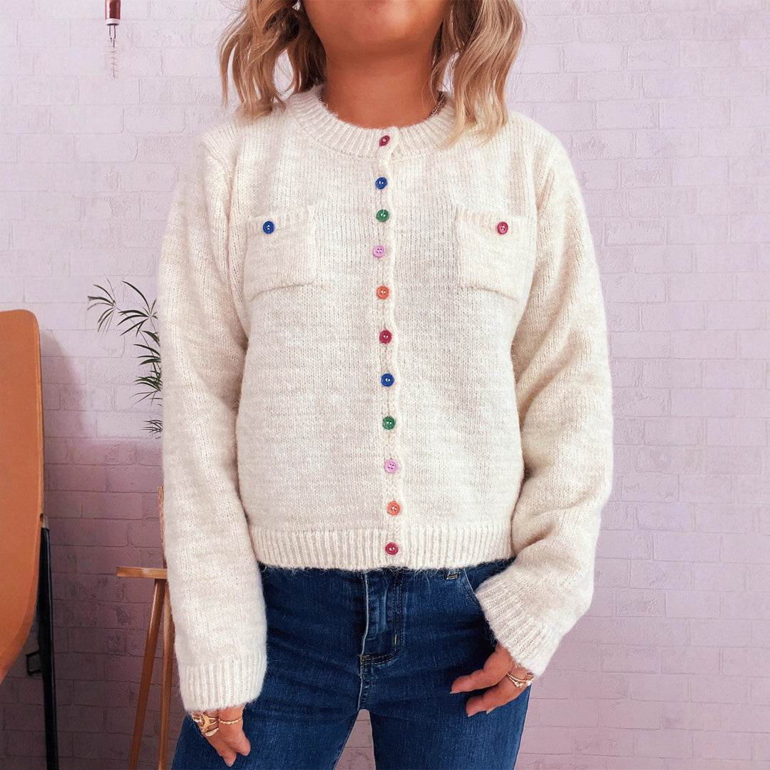 Damen kuschelige Strickjacke mit bunten Knöpfen und zwei Taschen Drune