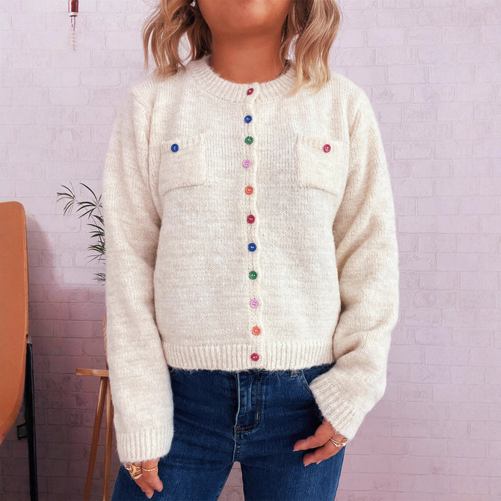 Damen kuschelige Strickjacke mit bunten Knöpfen und zwei Taschen Drune