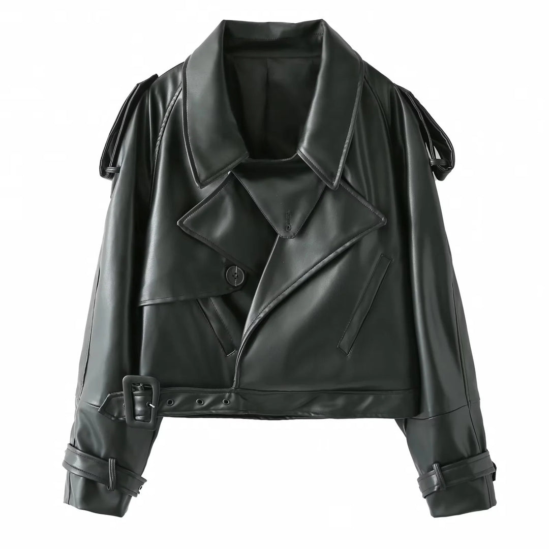 Damen coole cropped Kunstlederjacke mit asymmetrischem Kragen und modischem Design Drune