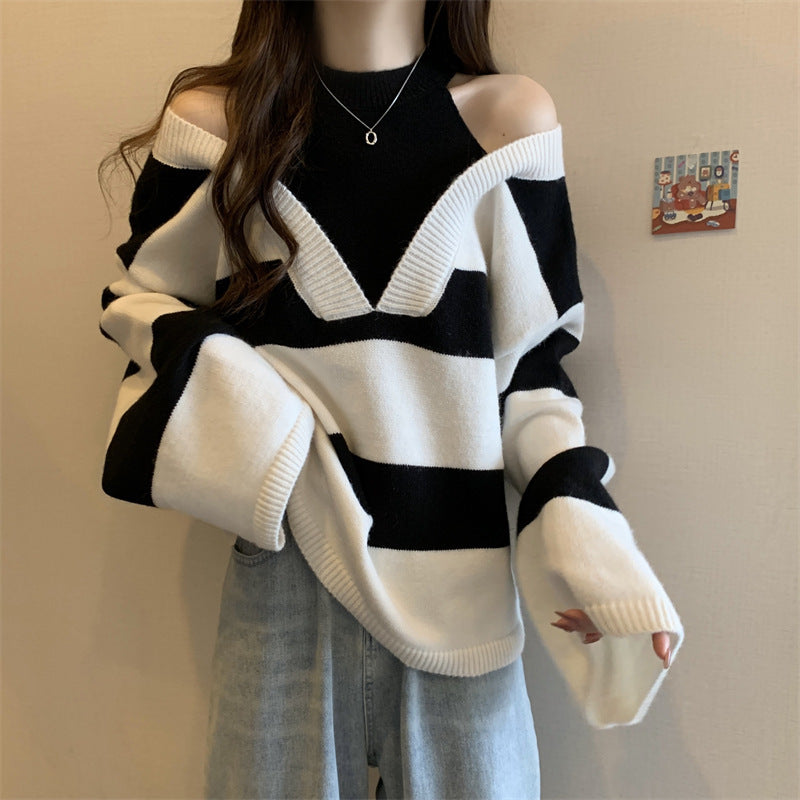 Damen V-Ausschnitt Oversized-Pullover mit modischem Streifenmuster und offenem Schulterdesign Drune