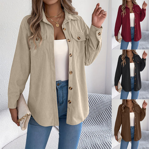 Damen Cordhemdjacke im lässigen Schnitt mit praktischen Taschen und eleganten Knöpfen Drune