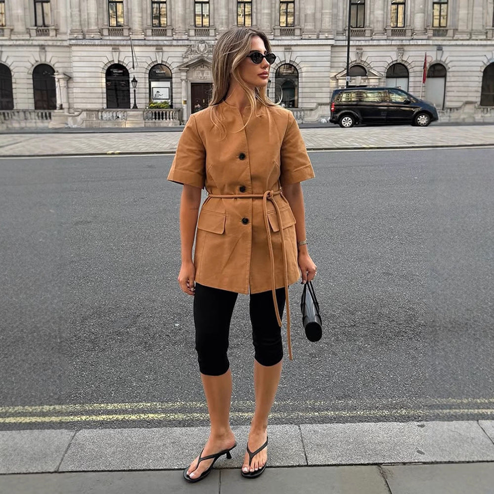 Damen modische Übergangsjacke mit Gürtel und praktischen Taschen Drune