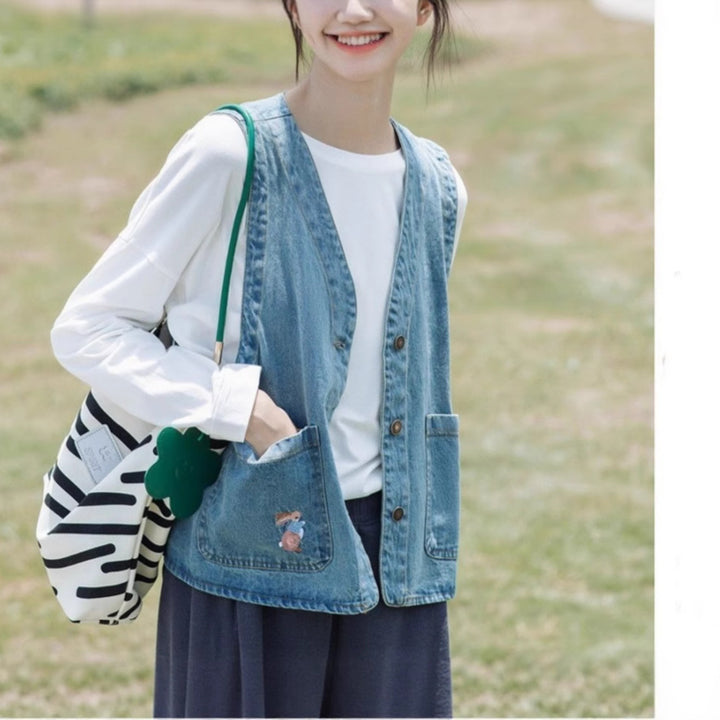Damen modische Jeansweste mit Taschen und Knopfdetails Drune