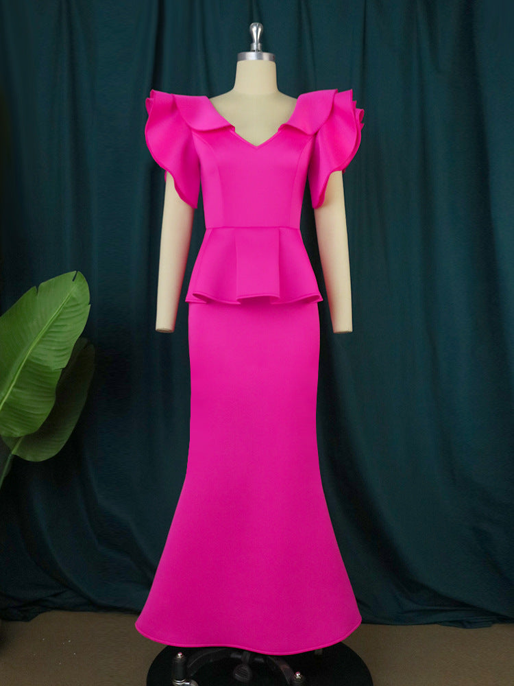 Damen elegantes Peplum-Abendkleid mit voluminösen Ärmeln Drune
