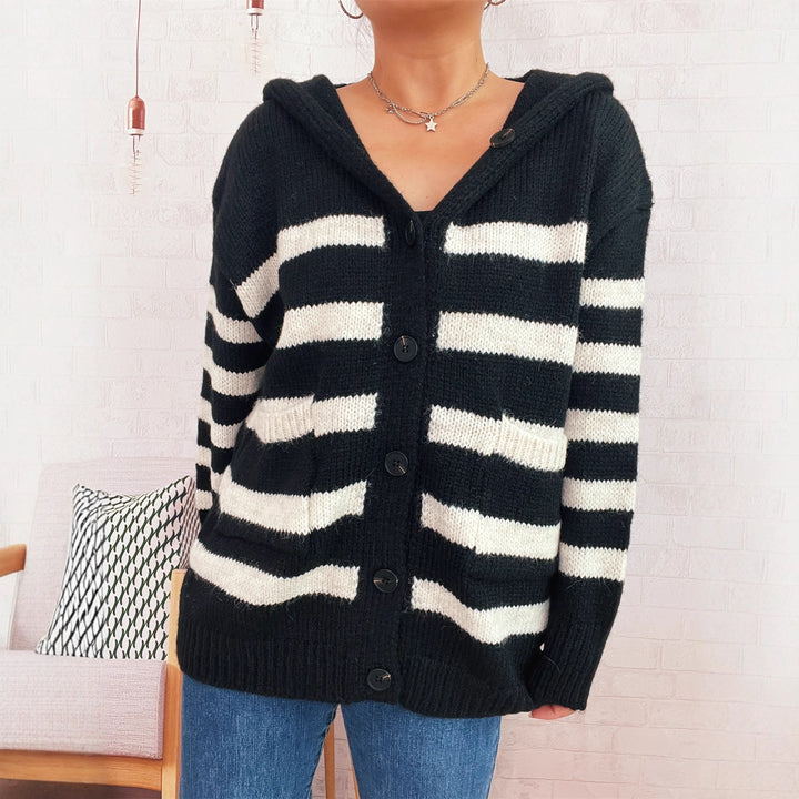 Damen lässiger Strickcardigan mit Kapuze und breiten Streifen Drune