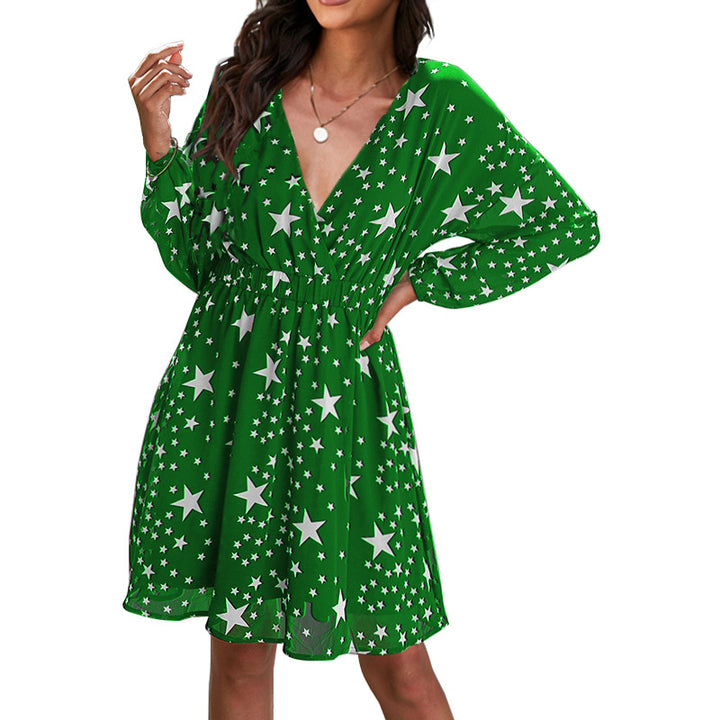 Damen Kleid mit tiefem V-Ausschnitt und modischem Sternenmuster Drune