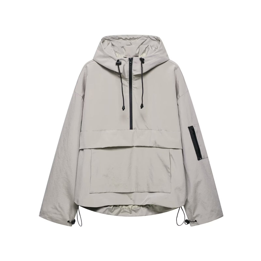 Unisex nan technischer Windbreaker Anorak mit halbhohem Reißverschluss Kapuze und Kängurutasche Drune