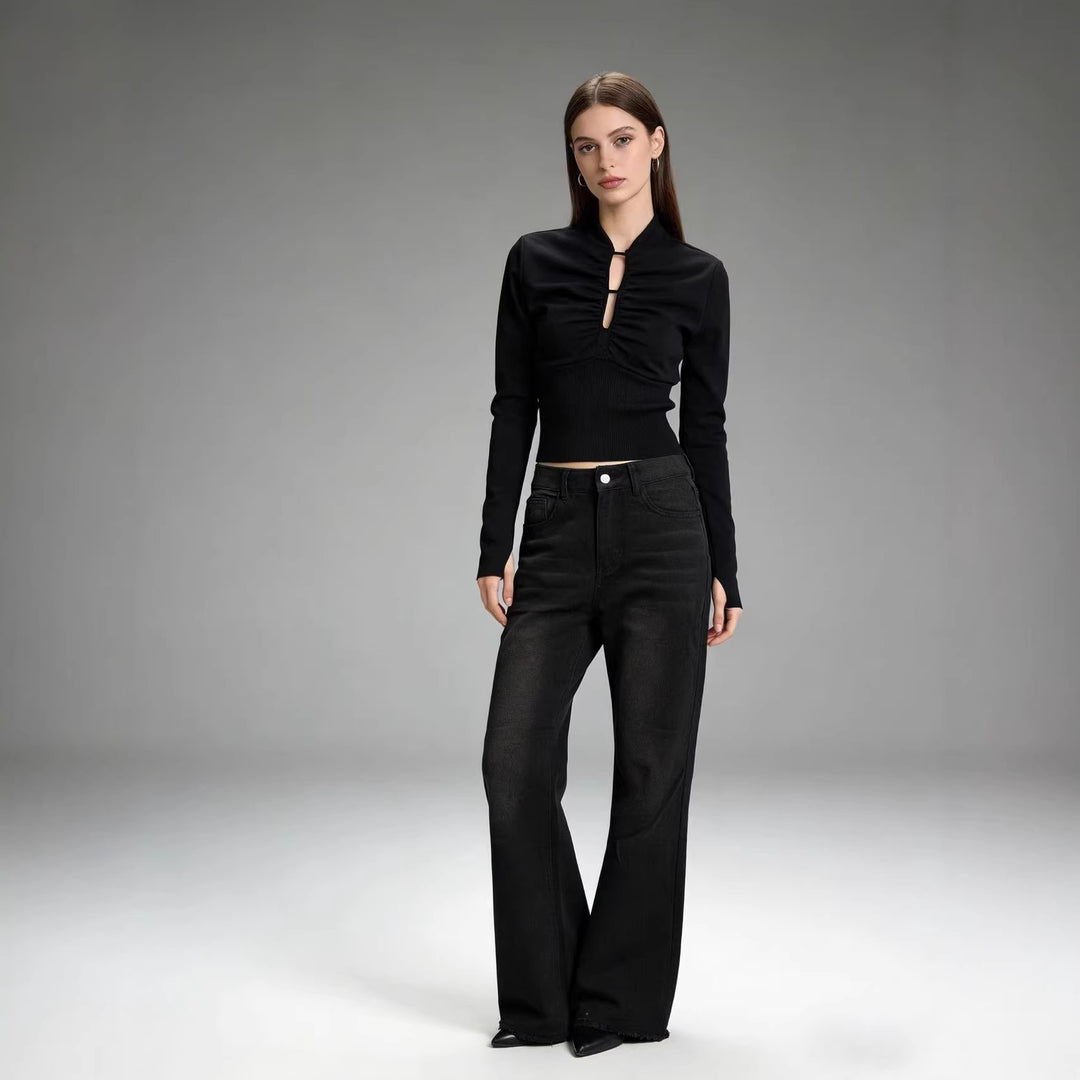 Damen nan hochgeschnittene Stretch-Flared-Jeans mit ausgefranstem Saum und taillierendem Five‑Pocket-Schnitt Drune