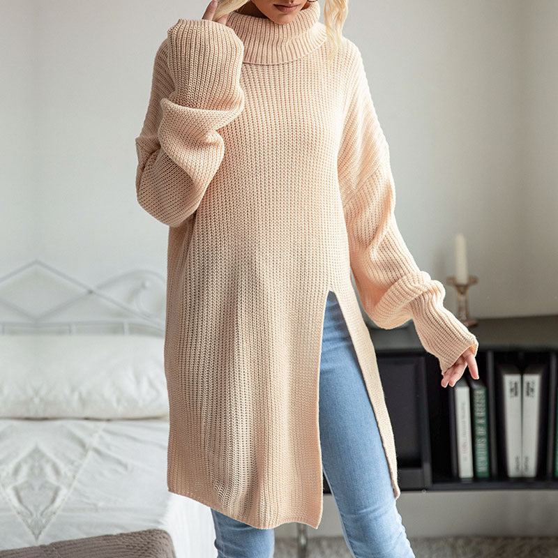 Damen Strickpullover mit hohem Kragen und dekorativem Taillengürtel Drune