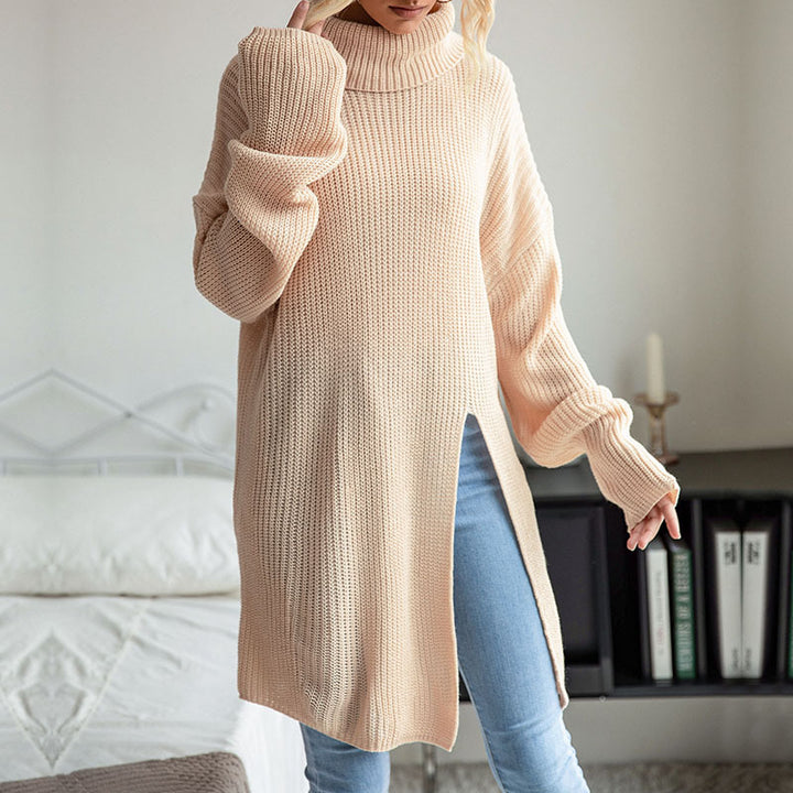 Damen Strickpullover mit hohem Kragen und dekorativem Taillengürtel Drune