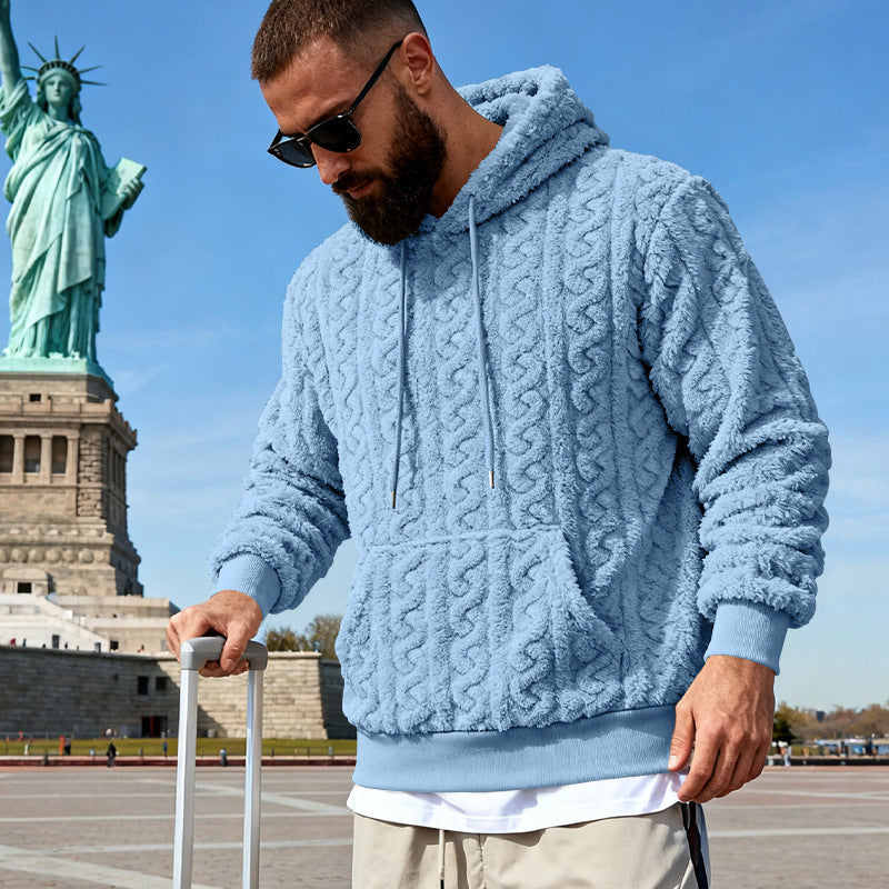 Herren nan Kuscheliger Sherpa-Hoodie mit Zopfmuster, Kängurutasche und Rippbündchen Drune