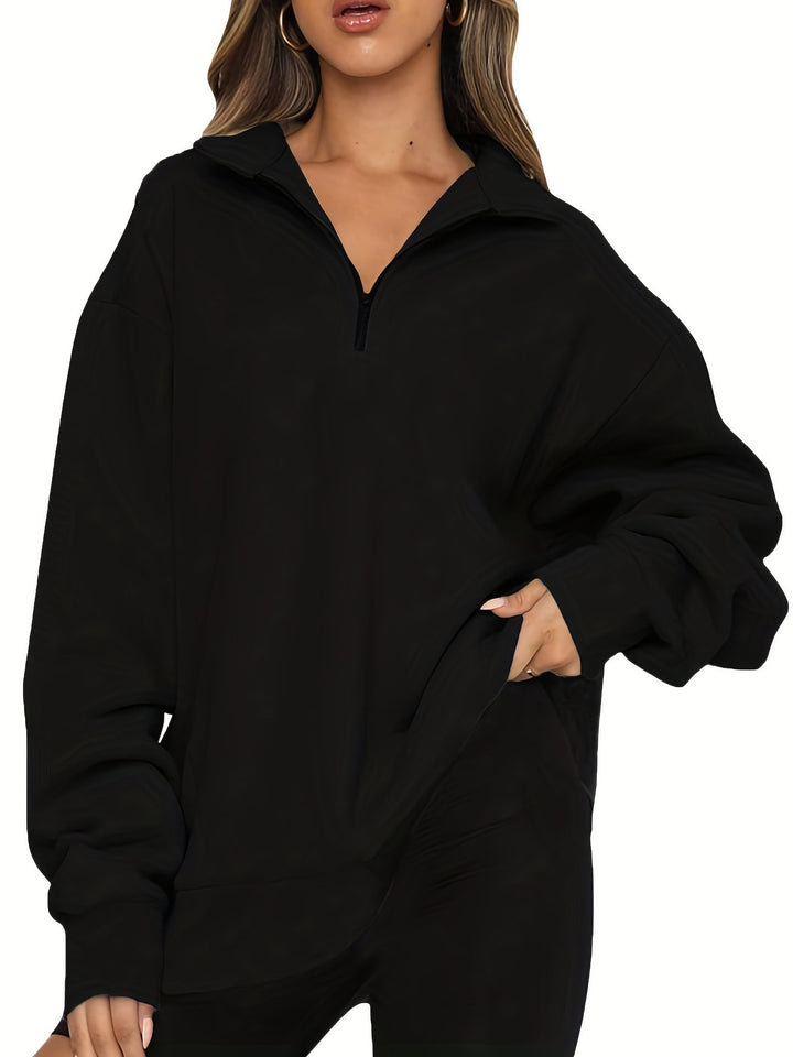 Damen nan Oversized Sweatshirt mit Kurzreißverschluss, Stehkragen und Kängurutasche Drune
