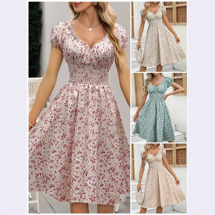 Damen Sommerliches Maxikleid mit voluminösen Puffärmeln und elastischem Taillenbund Drune