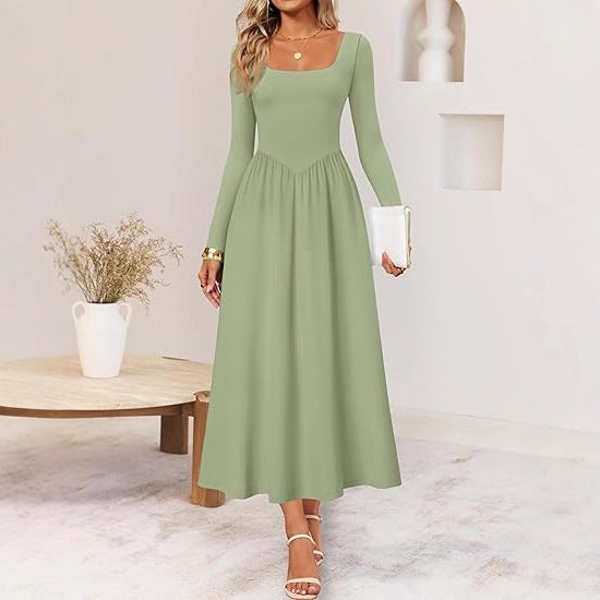 Damen Elegantes Midi-Kleid mit Quadratausschnitt und langen Ärmeln Drune