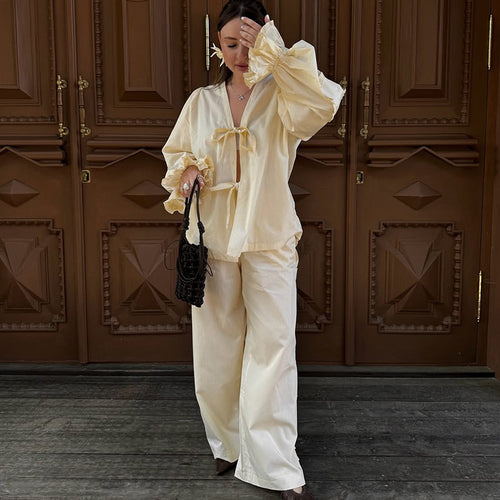 Damen lässige Loungewear-Kombination mit voluminösen Ärmeln Drune