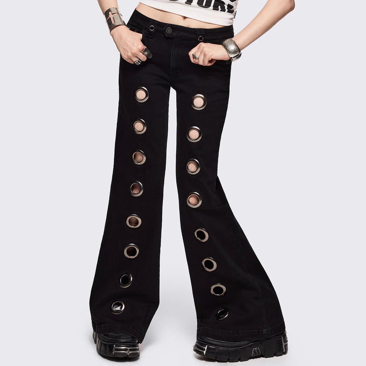 Damen Flared Jeans mit dekorativen Ösen Drune