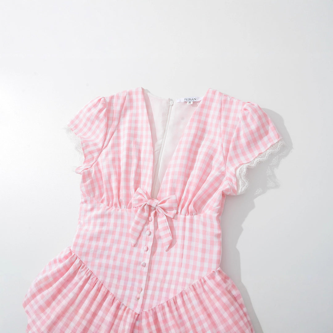 Damen Karodress mit verspieltem Taillengürtel und Rüschendetails Drune