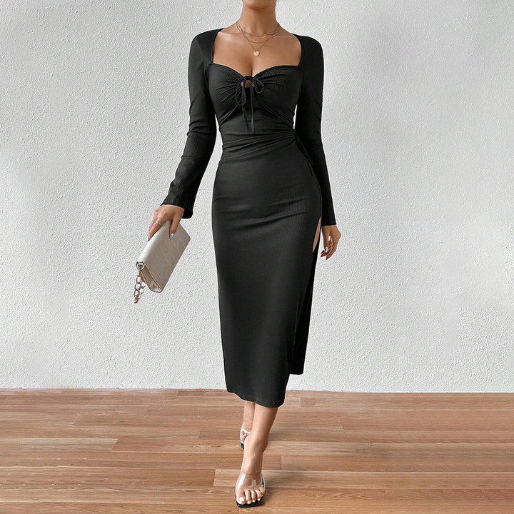Damen Langarm-Rippkleid mit flexibel einstellbarem Kordelzug Drune