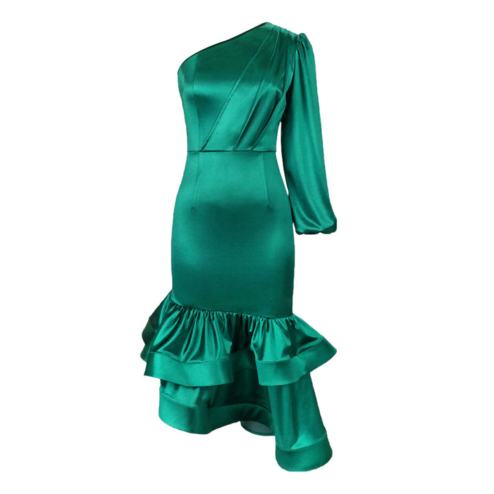 Damen Exquisites Satin-Kleid mit asymmetrischem Design und voluminösem Rüschen-Saum Drune