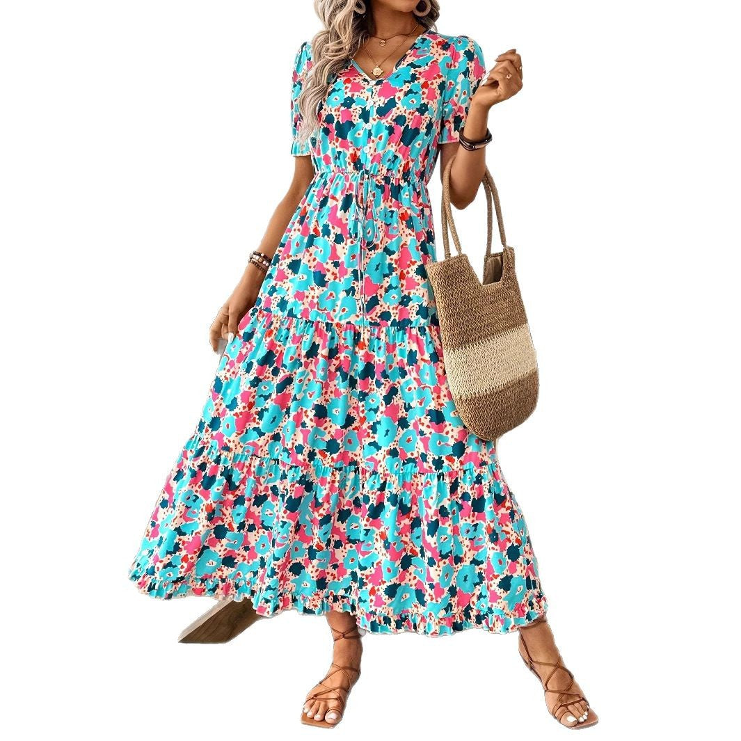Damen Maxikleid mit floralen Mustern und taillierbarem Design Drune
