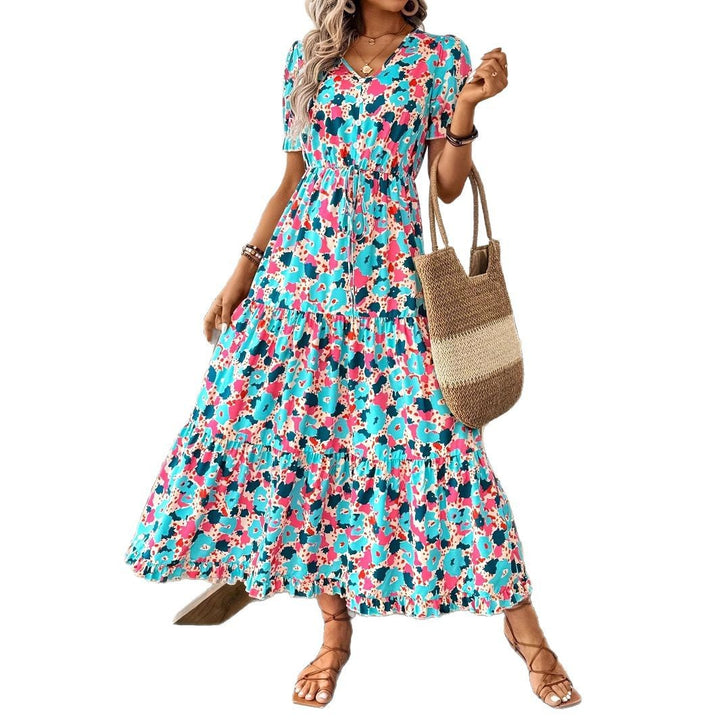 Damen Maxikleid mit floralen Mustern und taillierbarem Design Drune