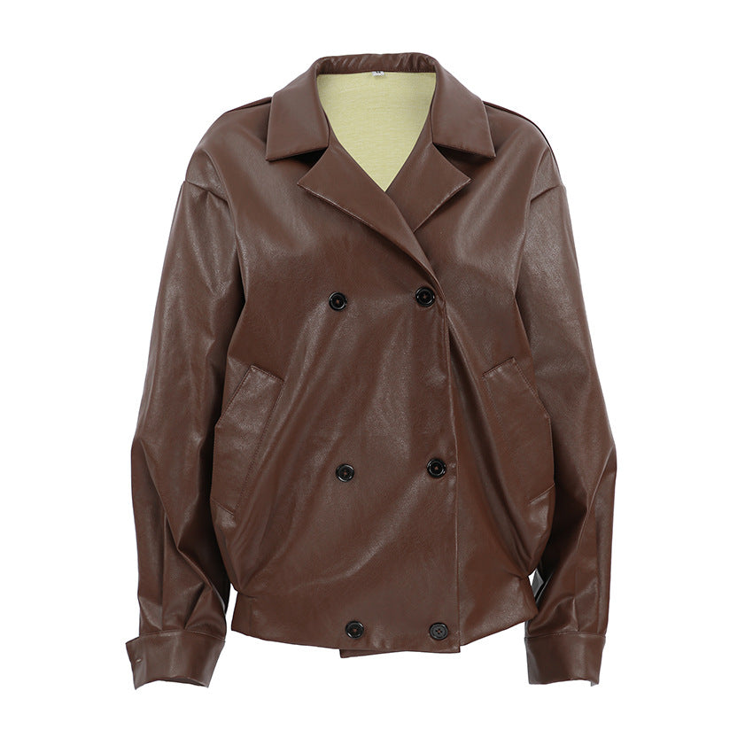 Damen Modische Oversized-Bomberjacke aus Kunstleder mit Knopfdetails Drune