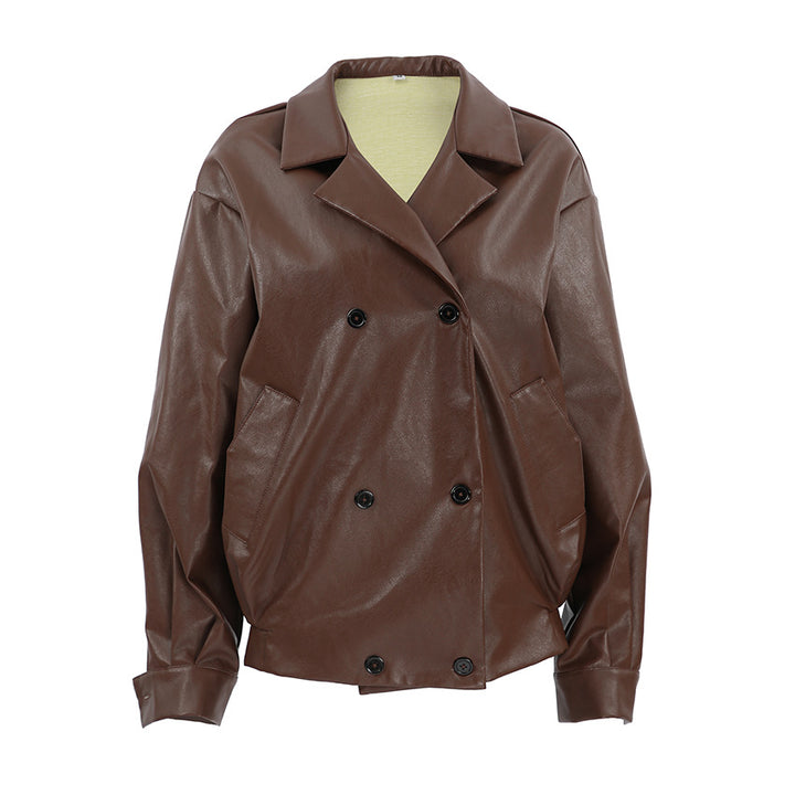 Damen Modische Oversized-Bomberjacke aus Kunstleder mit Knopfdetails Drune