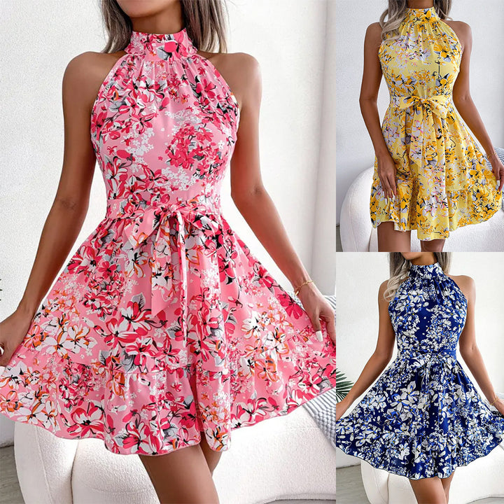 Damen Blumendesign Halterkleid mit verspieltem Rock Drune