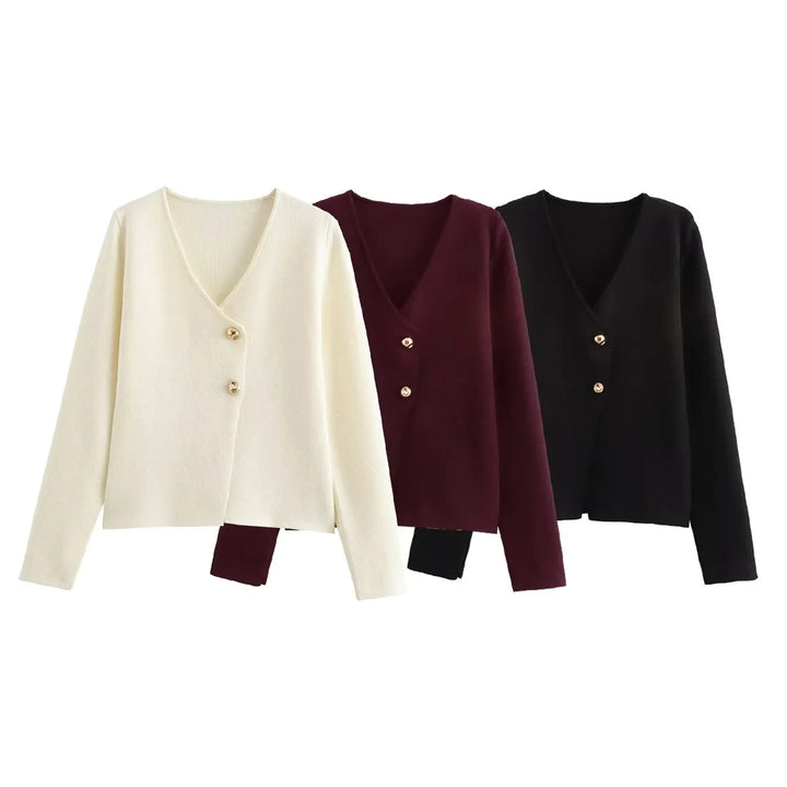Damen angenehm weicher Strickpullover mit elegantem V-Ausschnitt und maritimen Knopfdetails Drune