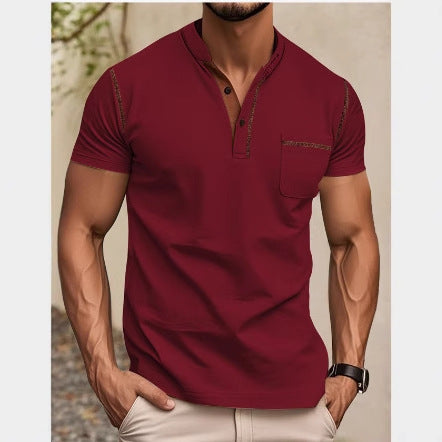 Herren nan modernes Kurzarm-Henley mit Stehkragen, Kontrastnähten und aufgesetzter Brusttasche Drune