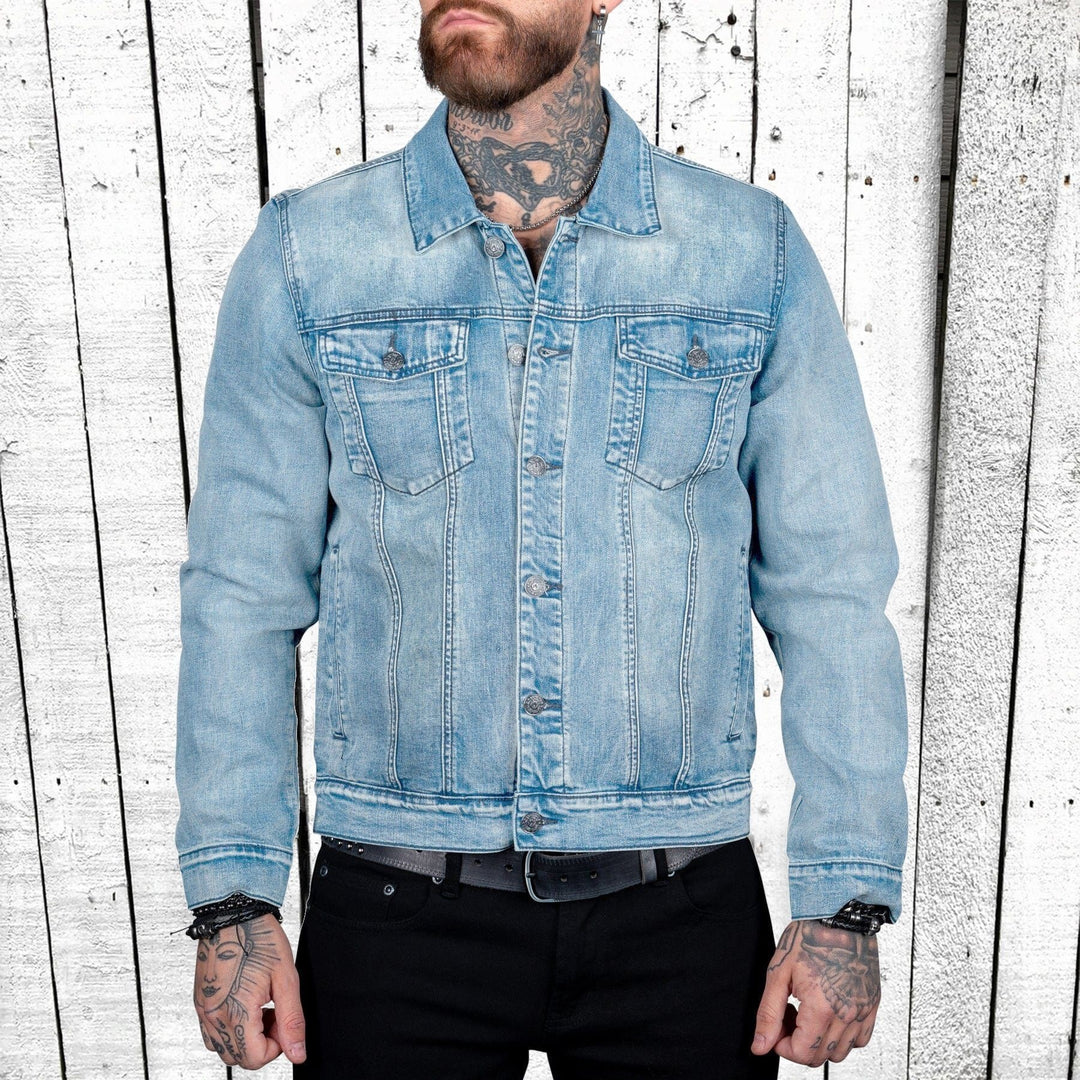 Herren nan taillierte Trucker-Denimjacke mit Pattentaschen, Metallknopfleiste und kontrastierenden Nähten Drune