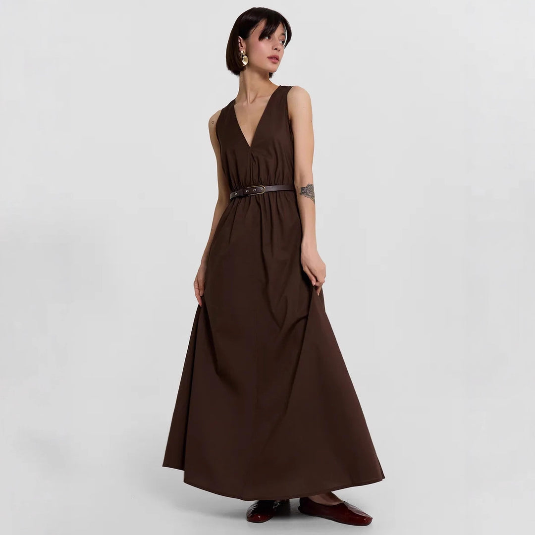 Damen Maxikleid mit stilvollem V-Ausschnitt und Taillengürtel Drune