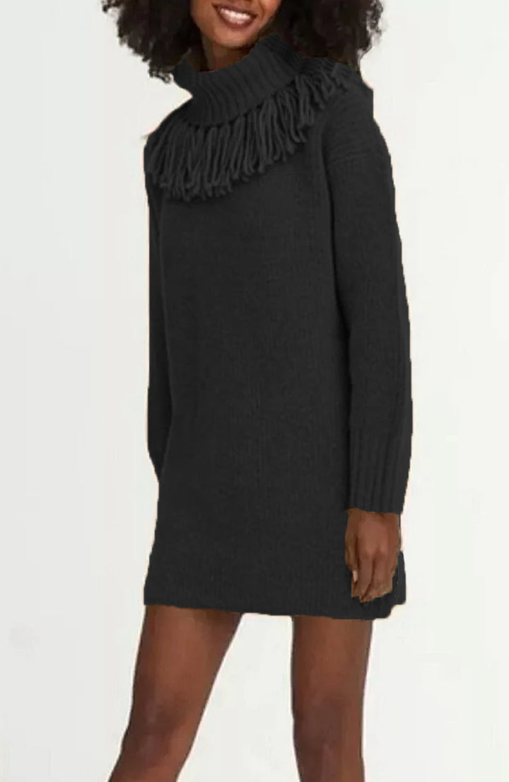 Damen Strickkleid mit hohem Rollkragen und modischen Fransen Drune