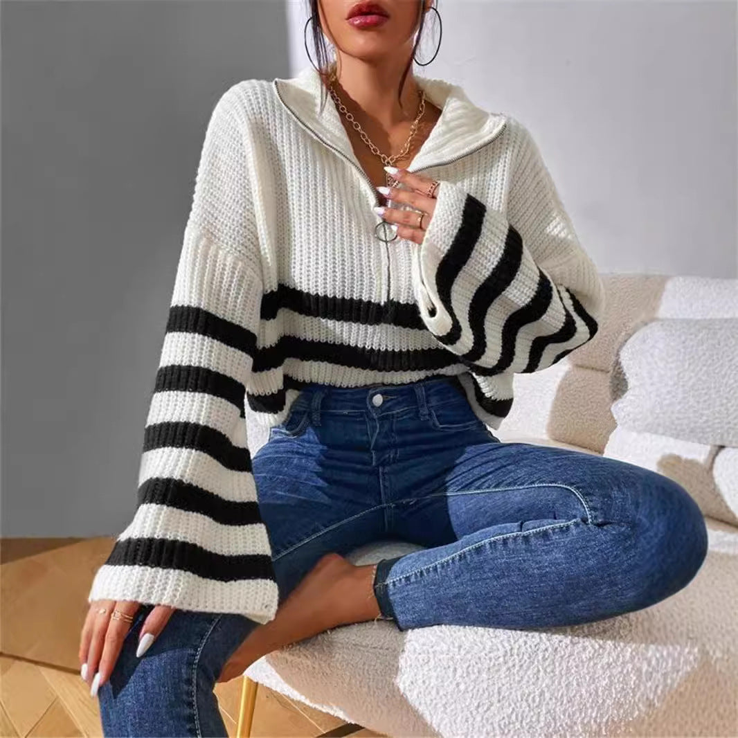 Damen Kapuzenpullover mit strukturiertem Strickmuster und modischen Streifen Drune