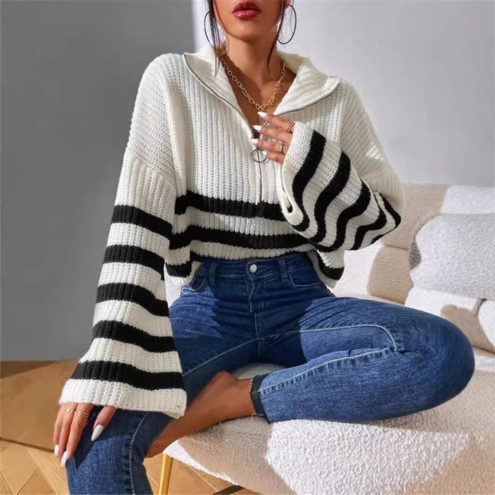 Damen Kapuzenpullover mit strukturiertem Strickmuster und modischen Streifen Drune