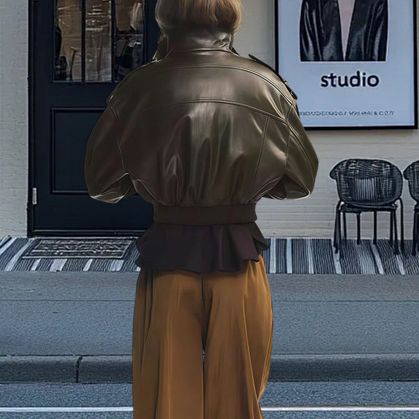 Damen Kunstlederjacke im urbanen Stil mit Stehkragen und praktischen Taschen Drune