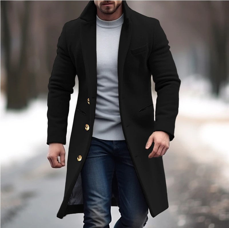 Herren eleganter Wollmantel mit schmalem Schnitt und goldenen Knöpfen Drune
