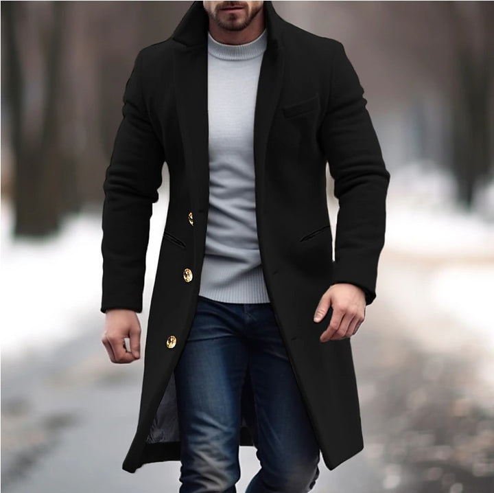 Herren eleganter Wollmantel mit schmalem Schnitt und goldenen Knöpfen Drune