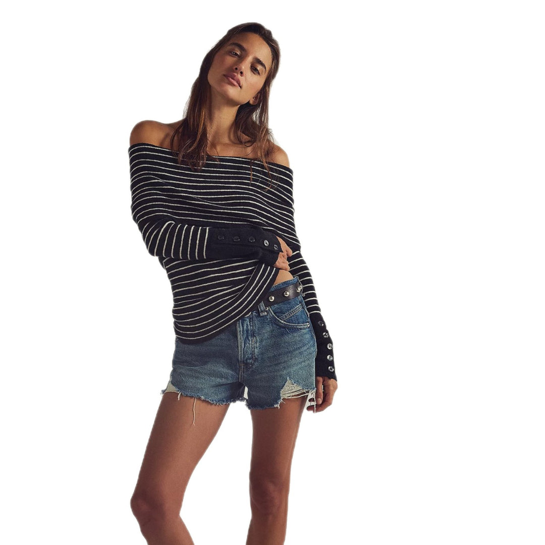 Damen Off-Shoulder Pullover mit modernem Streifenmuster und Knopfdetails Drune